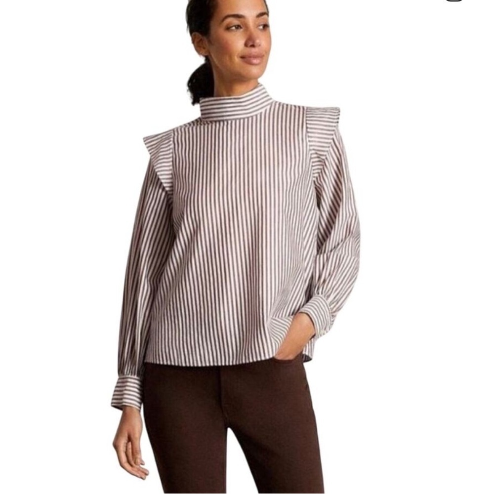 NWOT Everlane Mock Neck Wing Shoulder Blouse Pecan Brown White Stripe Size 6